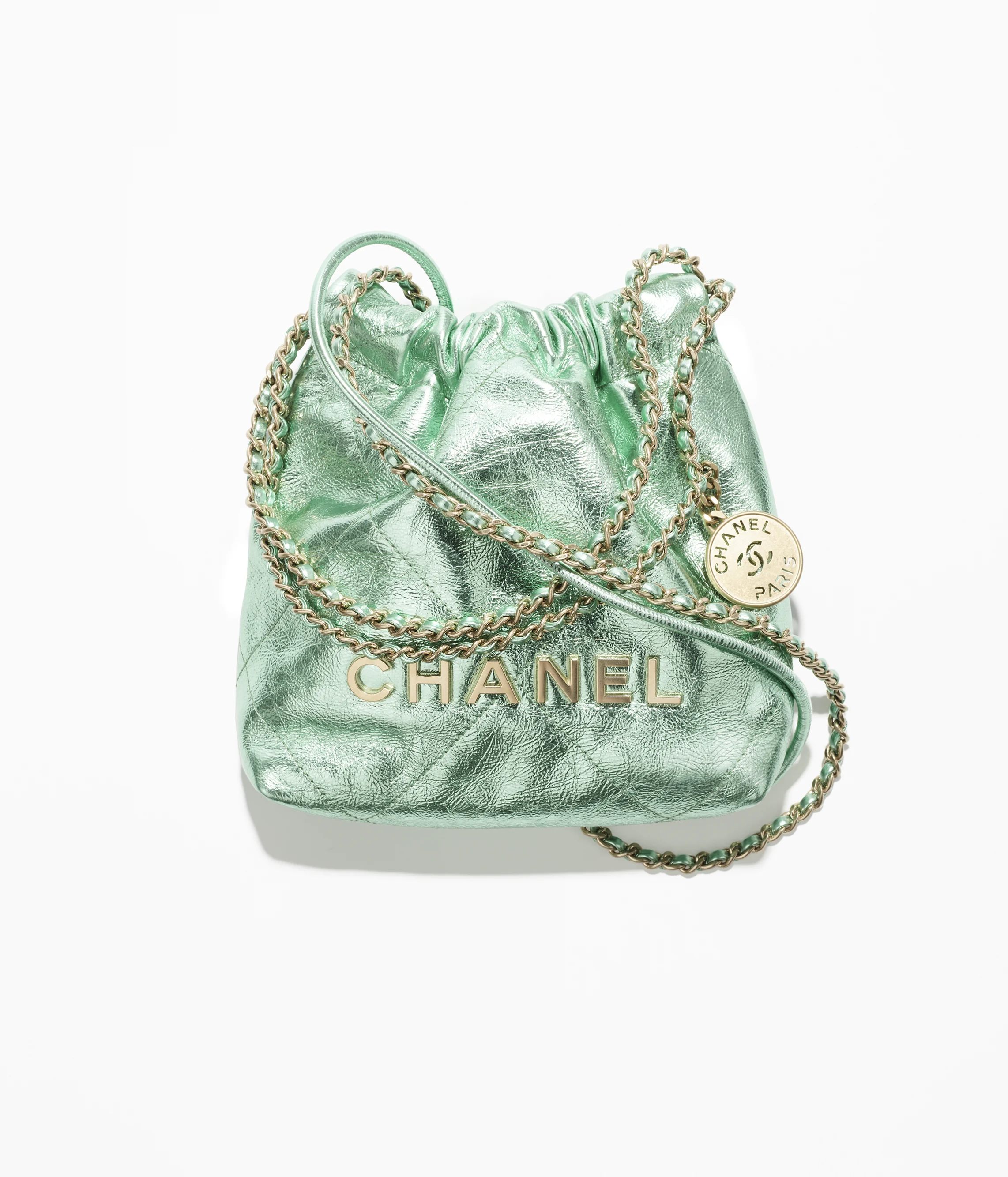 CHANEL 22 Mini Handbag Metallic Calfskin & Gold Metal Green AS3980-B18806-NABKC