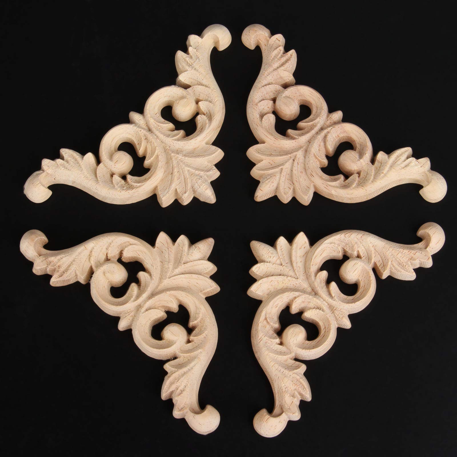 4 Pcs/Set Wood Carved Onlay Appliques, Unpainted Wooden Corner Carving Decals