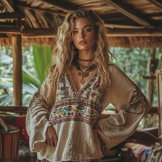 Retro Boho Tribal Embroidery Print Cotton And Linen Blend Loose Blouse