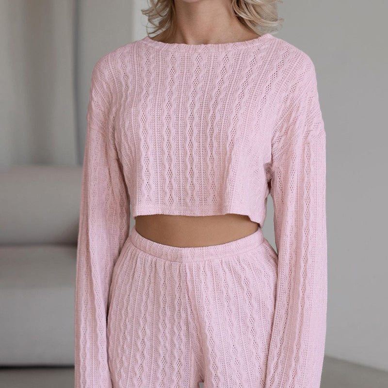 Spring Sexy Knitted Cropped Long Sleeve Pajamas Shorts Two Piece Comfortable Soft Home Wear