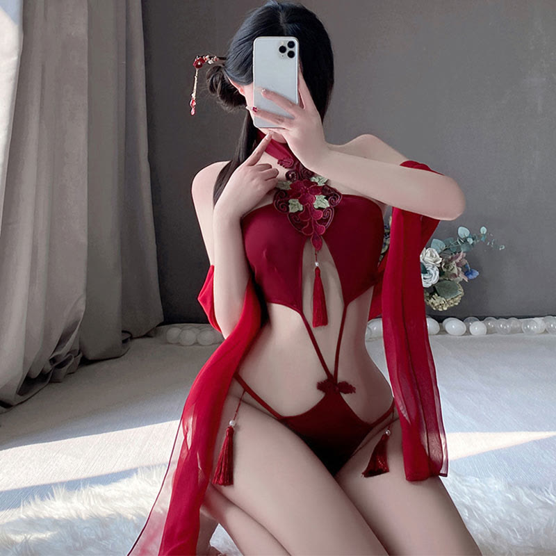 Han Costume Flower Embroidery Tassel Hollow Out Sexy Lingerie Set