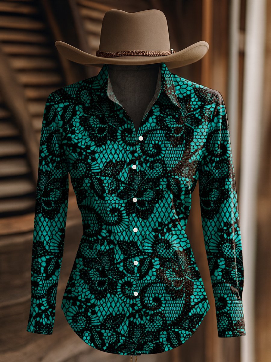 Women's Vintage Black and Pink Floral Print Western Long Sleeve Shirt