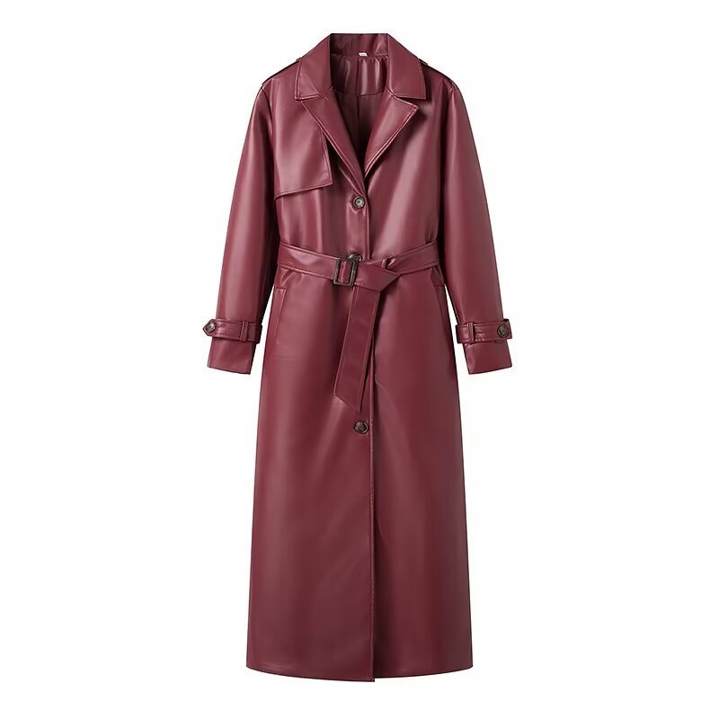Women's Fashionable Loose Fit Long Leather Trench Coat