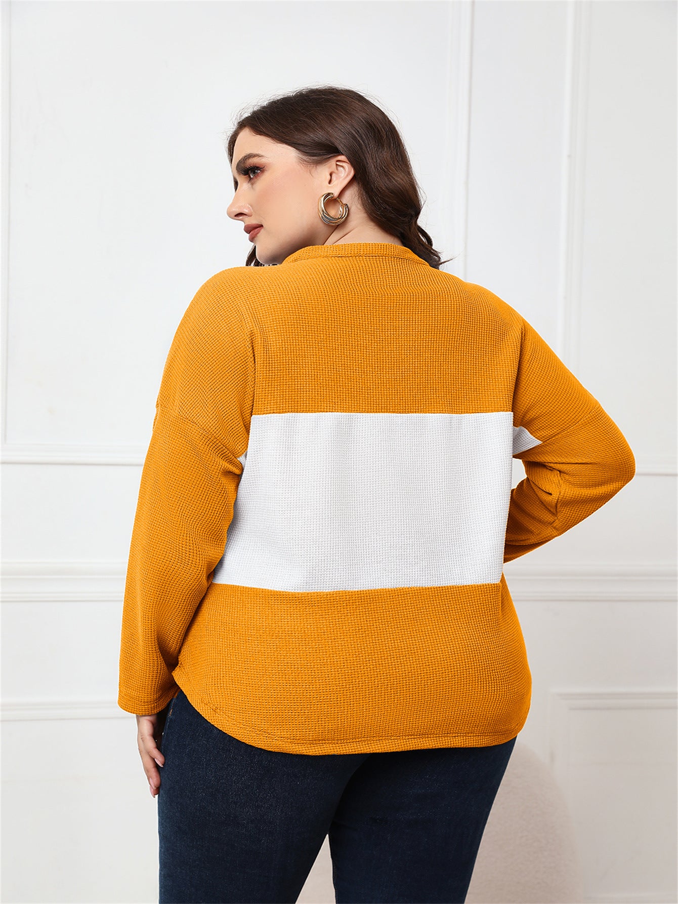 Plus Size Women Clothing Spring Autumn Long Sleeve V Neck Open Placket Top