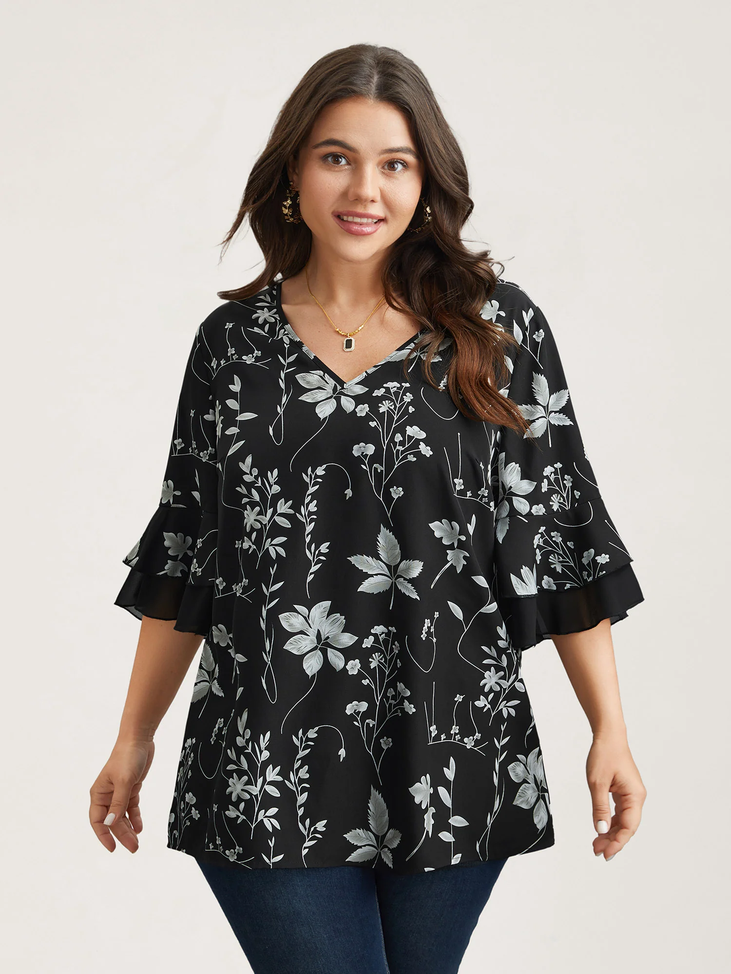 Floral Print Ruffled V-Neck Shirt