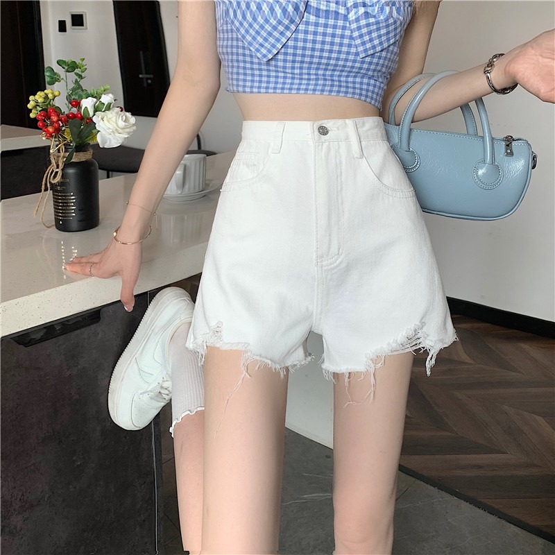 White Ripped high-waisted skinny hot pants spicy broad leg jeans