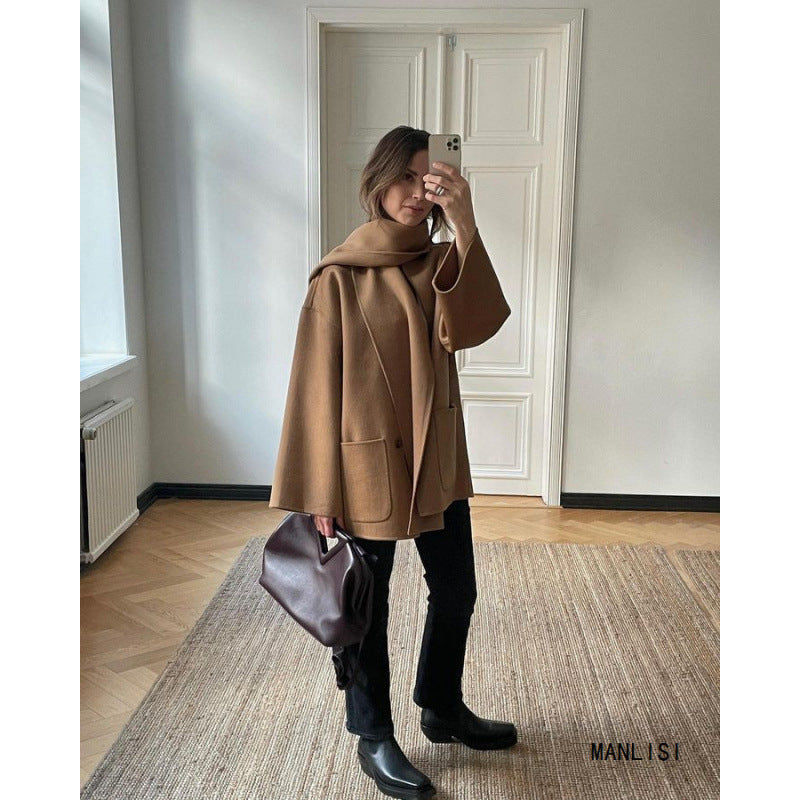 Short Woolen Coat with Scarf Collar and Loose Fit Design