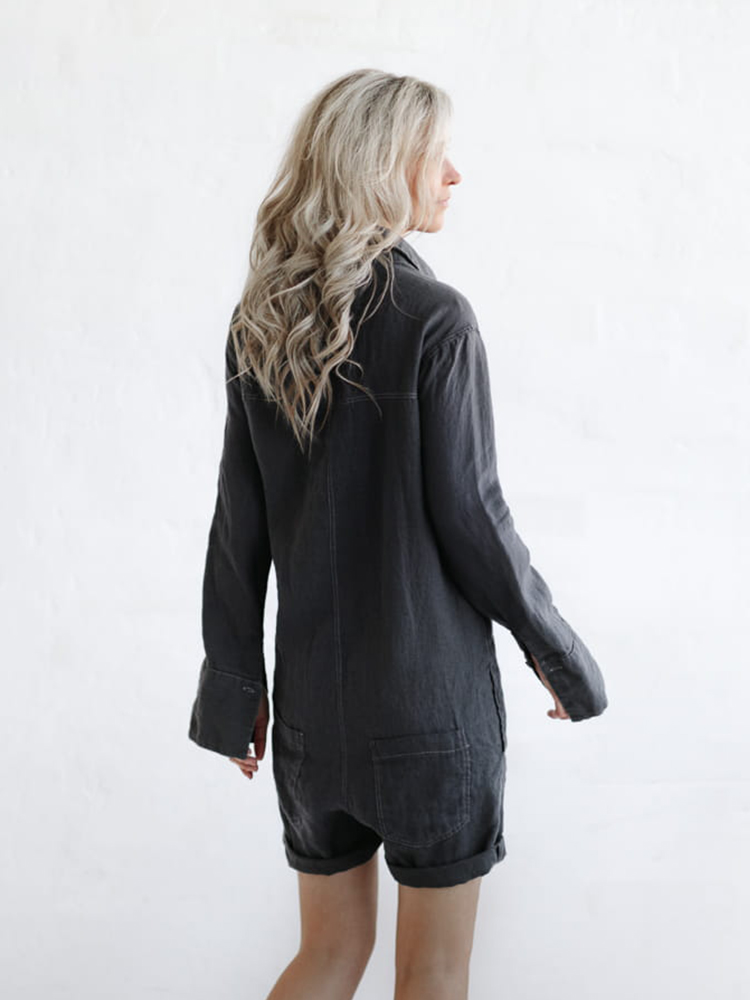 Button Up Short Linen Jumpsuit