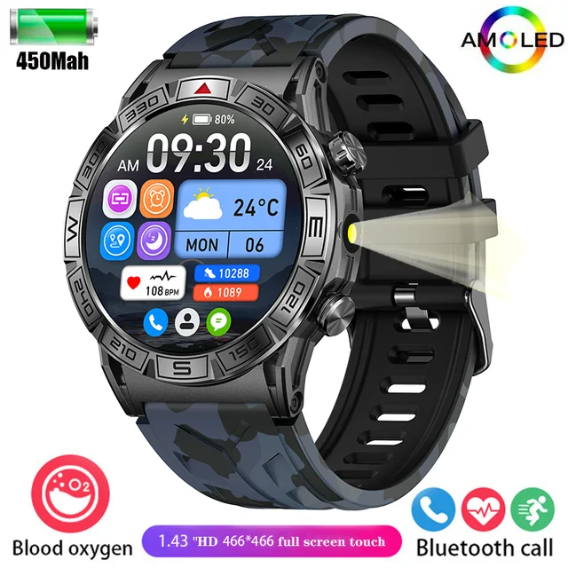 New men's outdoor three-proof 1ATM deep waterproof smartwatch 1.43inch 450Mah large battery HD Bluetooth call men's smartwatch