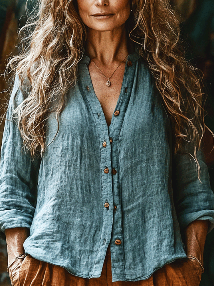 Bohemian Style Linen Floral Art Print Long Sleeve Loose  Shirt