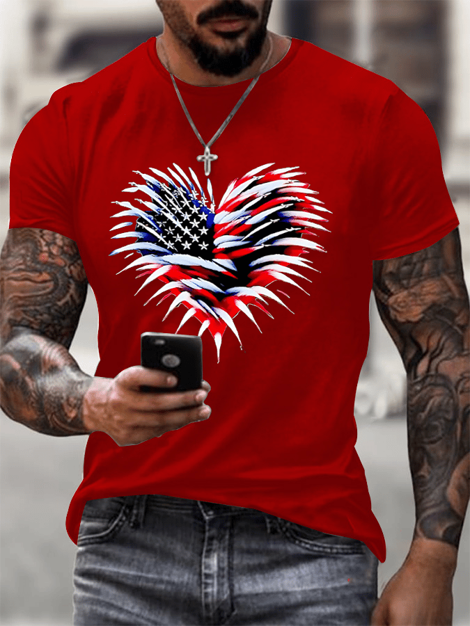 Men's Retro Independence Day Flag Heart Fireworks Print T-Shirt