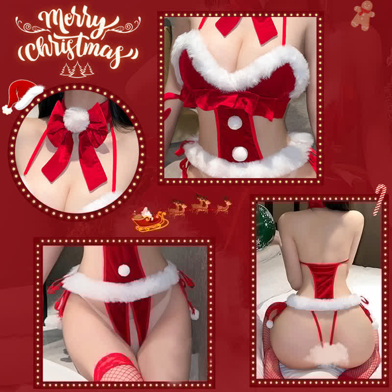Christmas Hollow Out Bow Knot Velvet One-piece Lingerie Set