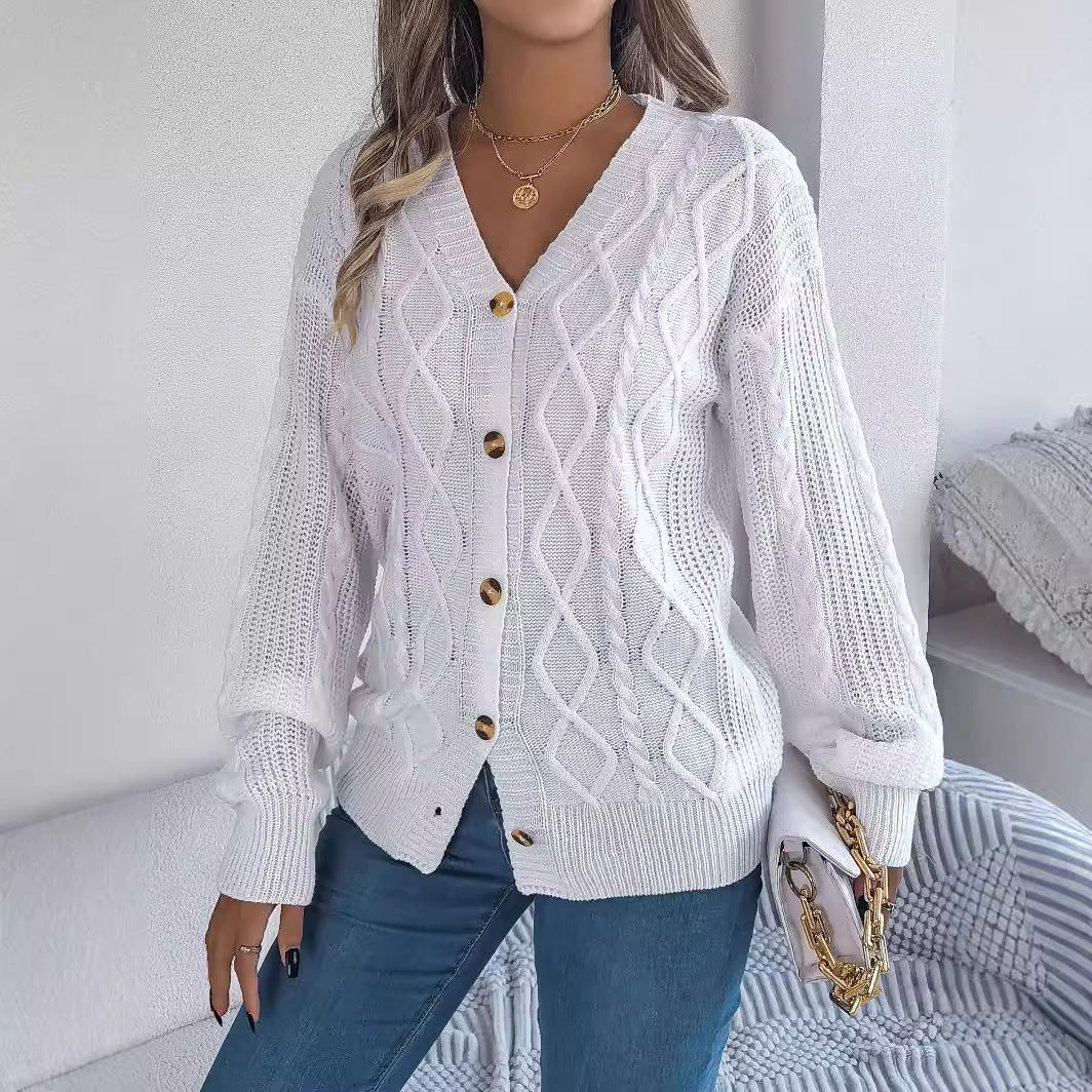 V-neck Lantern Sleeve Twist Button Sweater Coat for Women | Stylish Knitwear