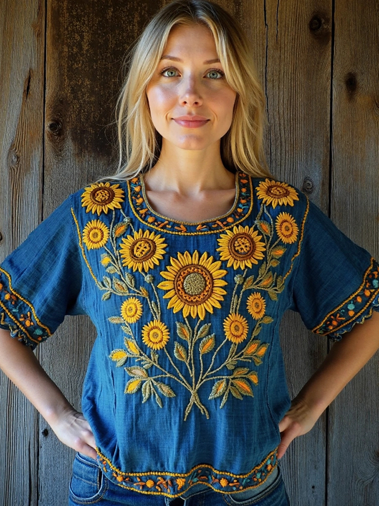 Vintage Sunflower Folk Floral Linen T-shirt