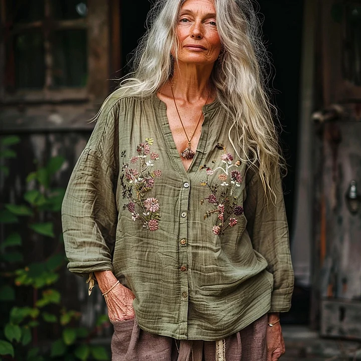 Bohemian Style Linen Floral Art Print Long Sleeve Loose  Shirt