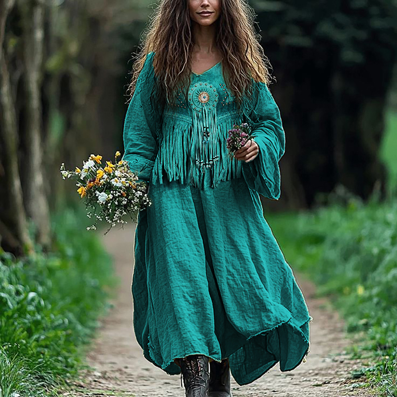 Western Turquoise Beaded Tassels Flowy Linen Blend Maxi Dress