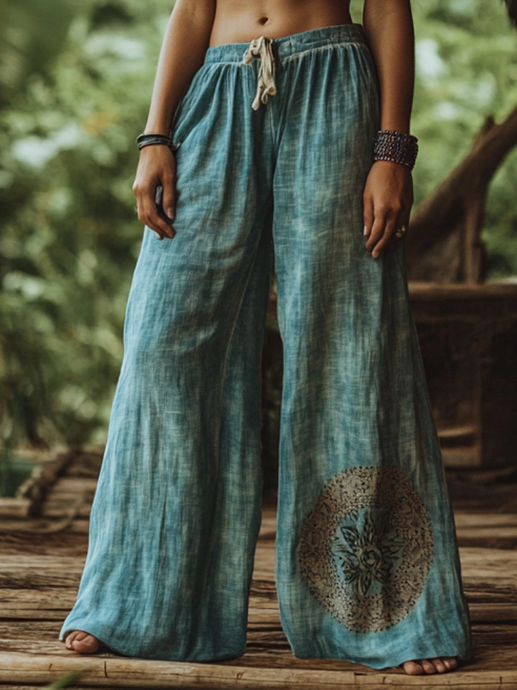 Vintage Bohemian Casual Holiday Gradient  Tie Dye Style Linen Long Loose Wide-leg Pants