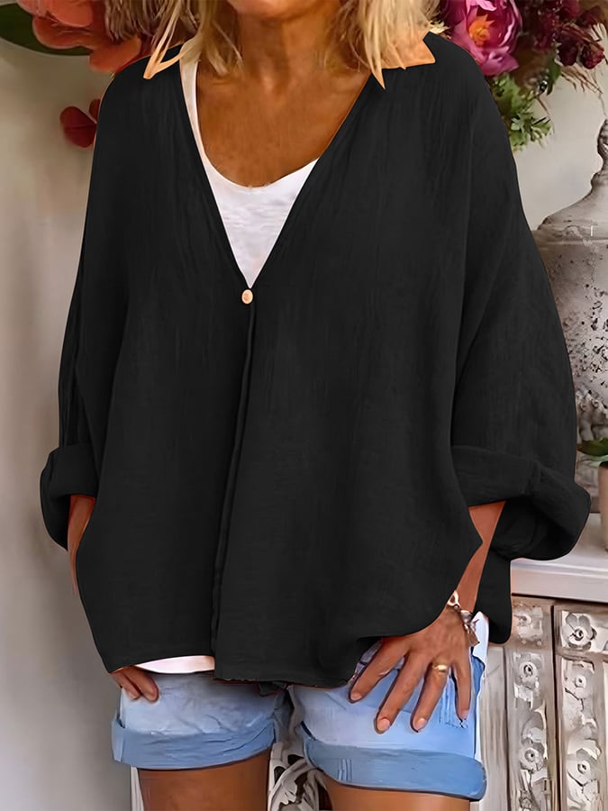 Women's V-Neck Long Sleeve Loose Button Design Casual Shirt