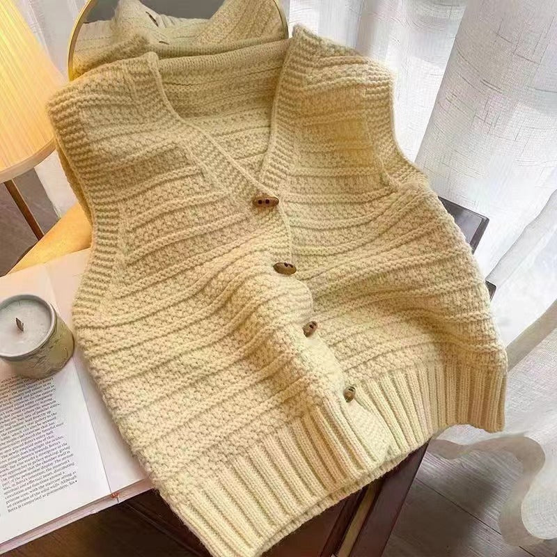 V-Neck Cardigan with Horn Button Design and Three-Dimensional Pattern
