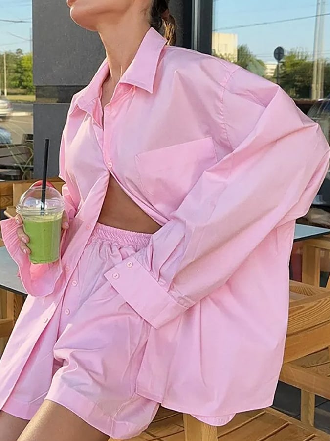 Fashion Versatile Casual Shirt Two -Piece Niche High Waist Simple Long -Sleeved Shorts Women's Clothing