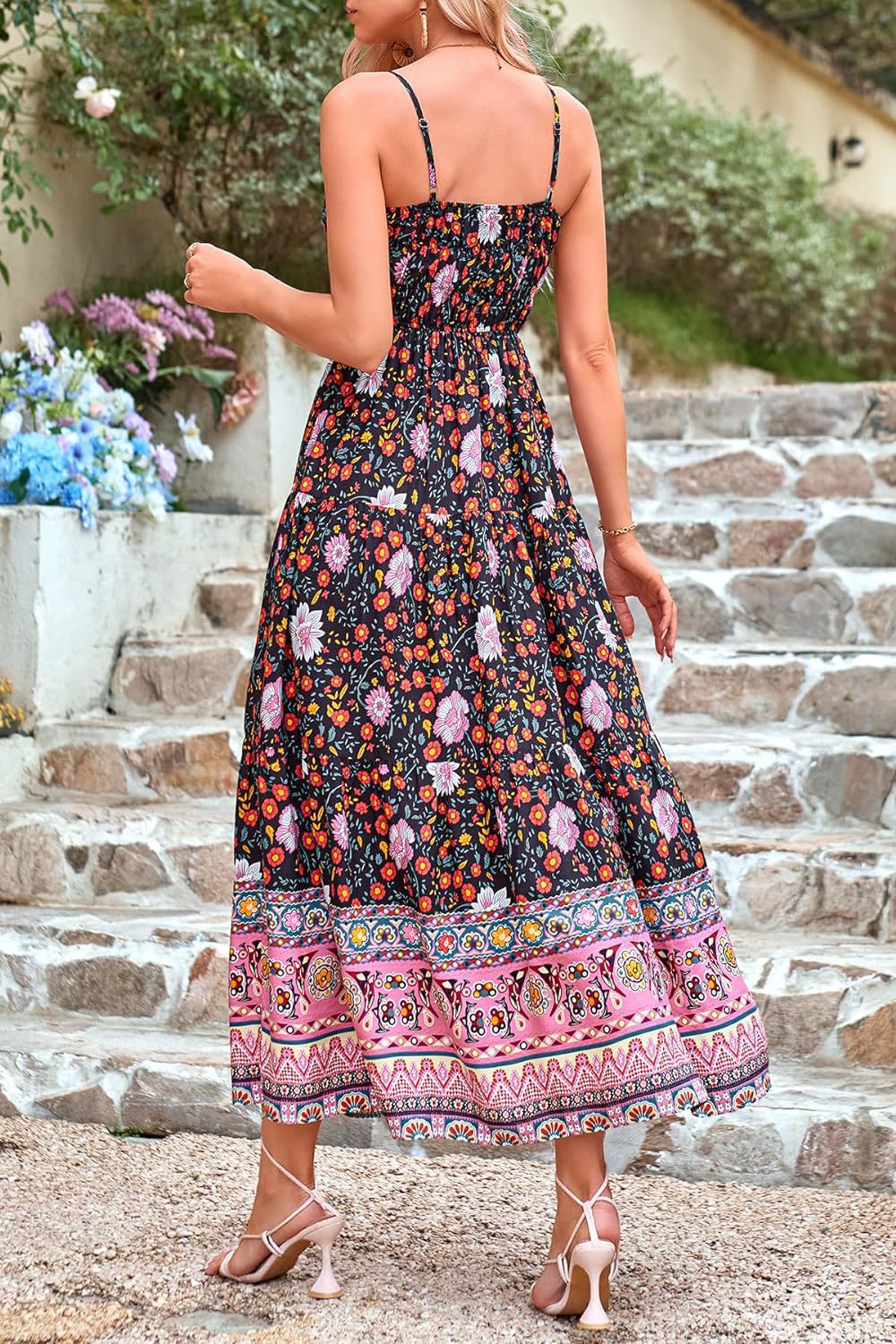 Black and red Retro Floral Bohemian dress with adjustable shoulder straps
