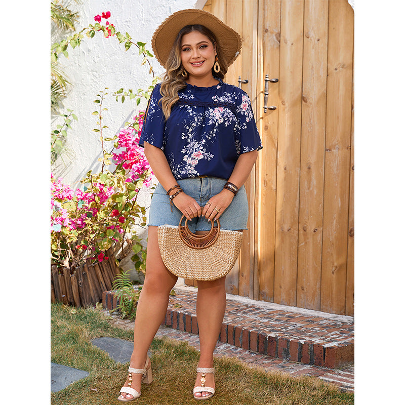 Plus Size Plump Girls Printed Shirt round Neck Loose Casual Design Sleeve Casual Women Shirt