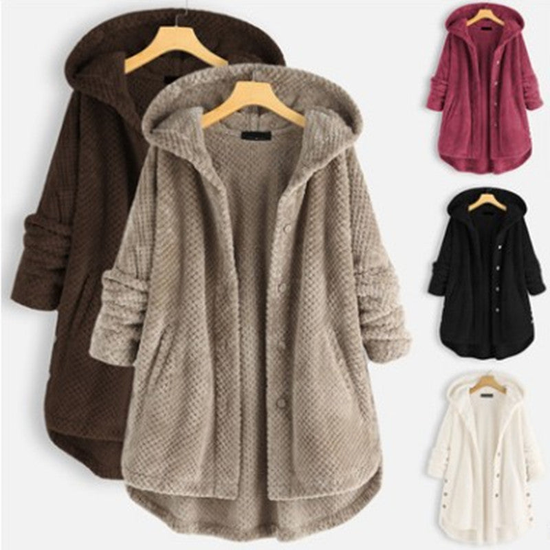 Women's Elegant Pure Color Hooded Double-Sided Velvet Sweatshirt Coat