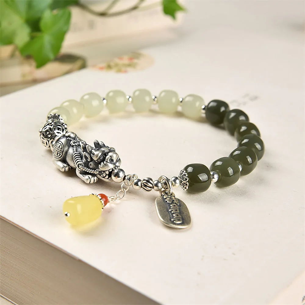 Natural Hotan Jade Beads Men's Bracelet 925 Silver Natural Honey Wax Pendant Bangles Fine Jewelry Gift For Boyfriend Wholesale