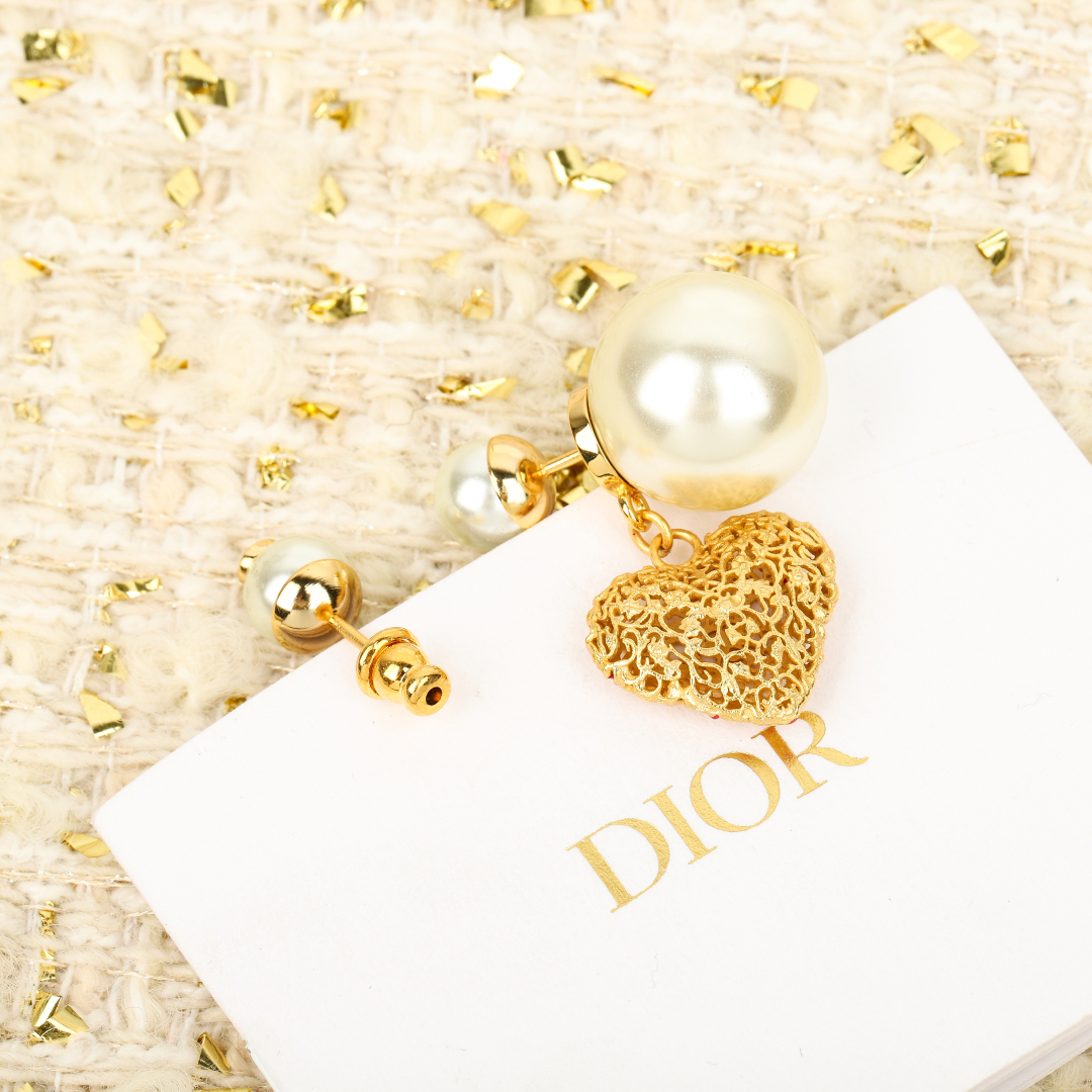 Dior Limited Edition Hollow Heart Pearl Earrings