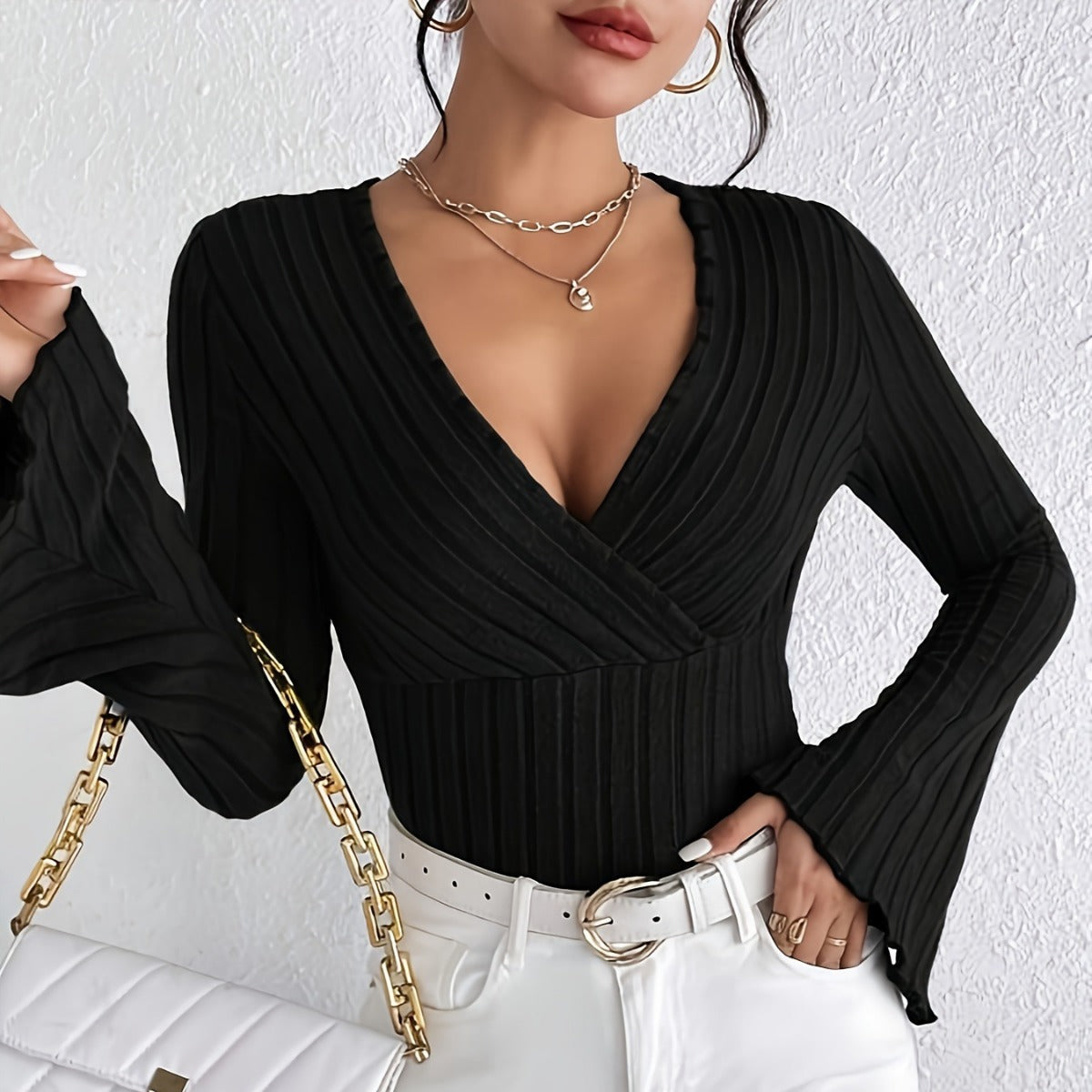 V-Neck T-Shirt with Brushed Sunken Stripe and Flared Sleeves