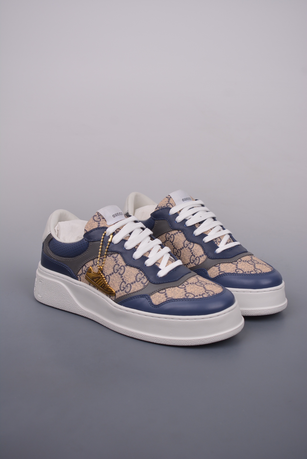 GUCCI Leather Navy Blue Ebony Gray GG Print