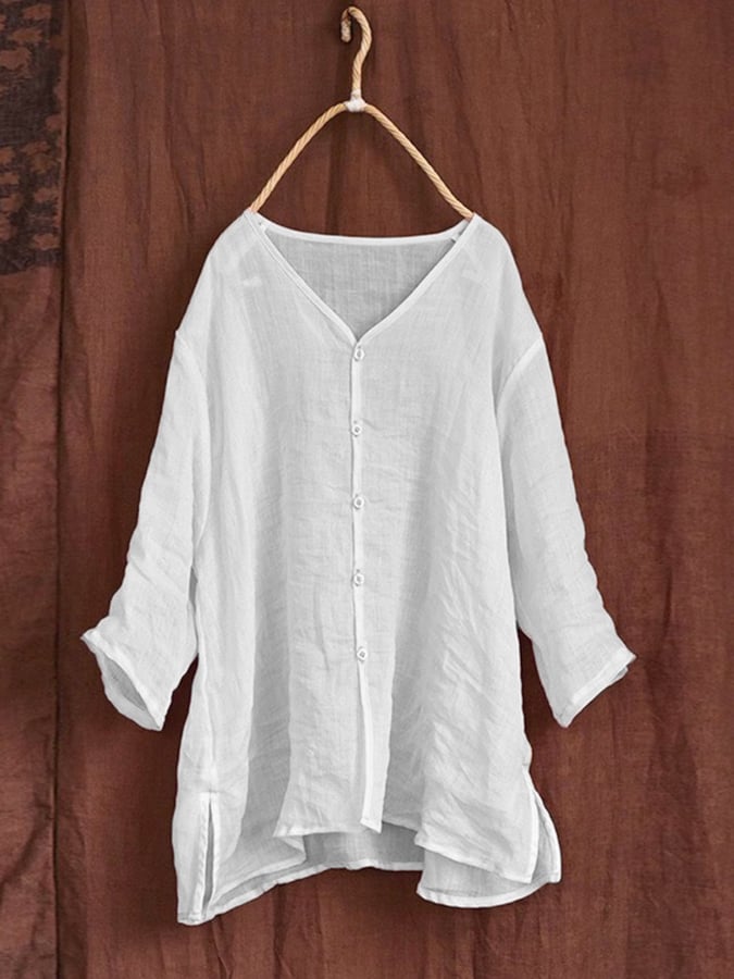 Women's Loose Solid Color V-Neck Mid-Sleeve Cotton And Linen Casual Shirt
