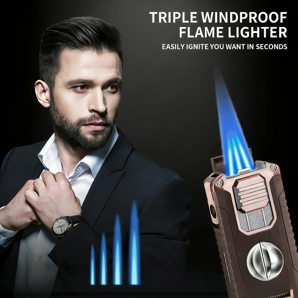 5-in-1 Butane Torch Lighter, Refillable Jet Flame Lighter with V-Cutter, Punch, Holder and Draw Tool, Multi-Functional Accessories Gift for Men, Dad, Husband, Friend