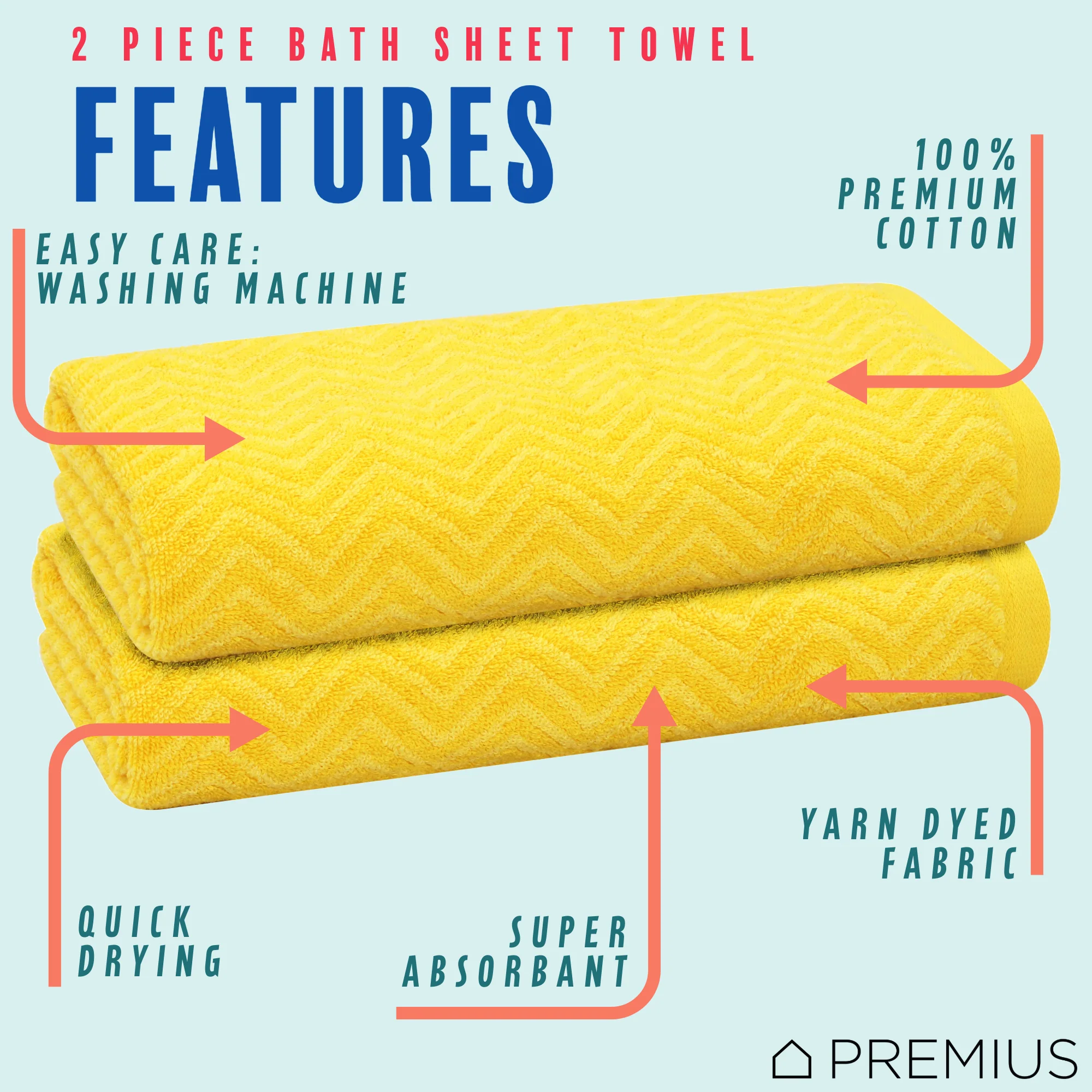 PREMIUS 2 Pack Chevron 100% Cotton Yarn Dyed Bath Sheet Towel, 32x64 Inches