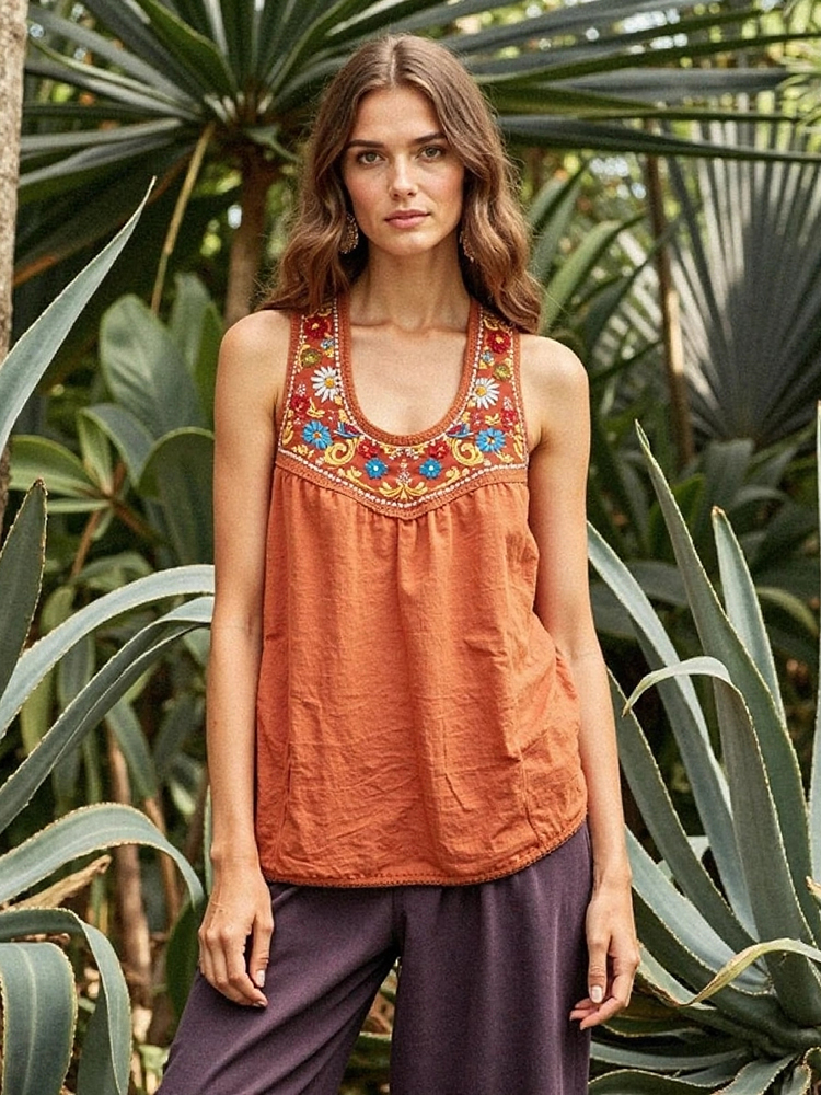 Women's Bohemian Ethnic Floral Print Comfortable Linen Top