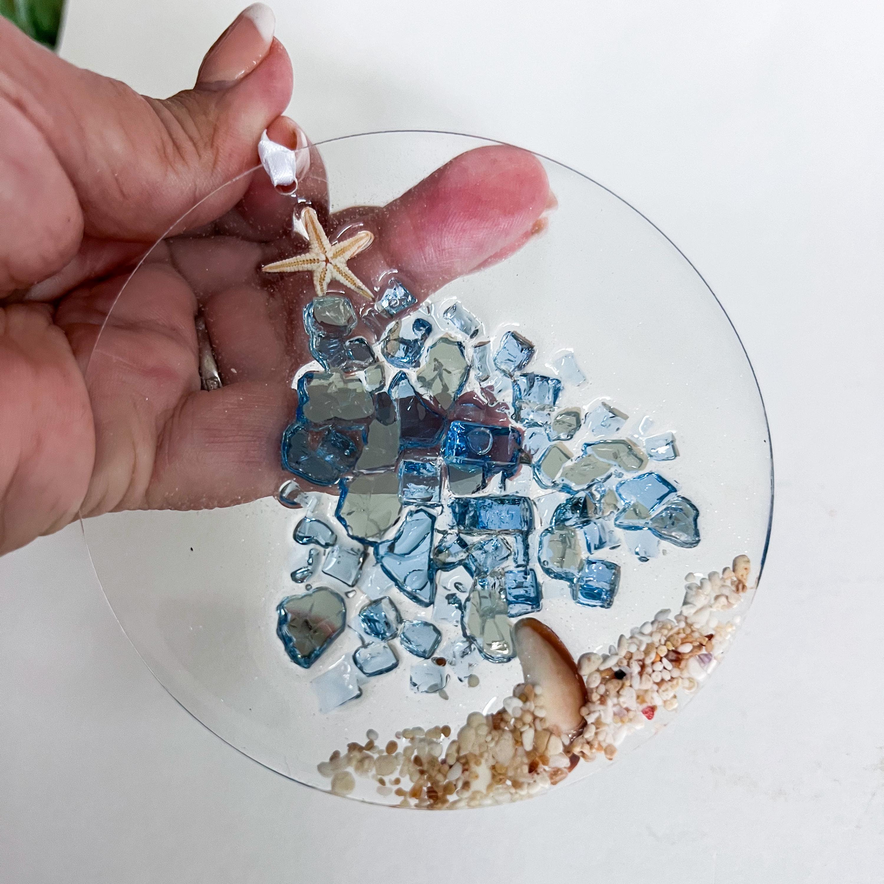 Handcrafted Starfish & Crushed Glass Christmas Tree Suncatcher