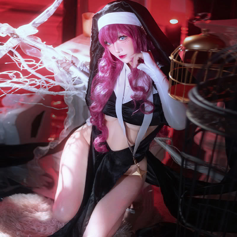 Nun Hollow Out Color Block Lingerie Dress Set