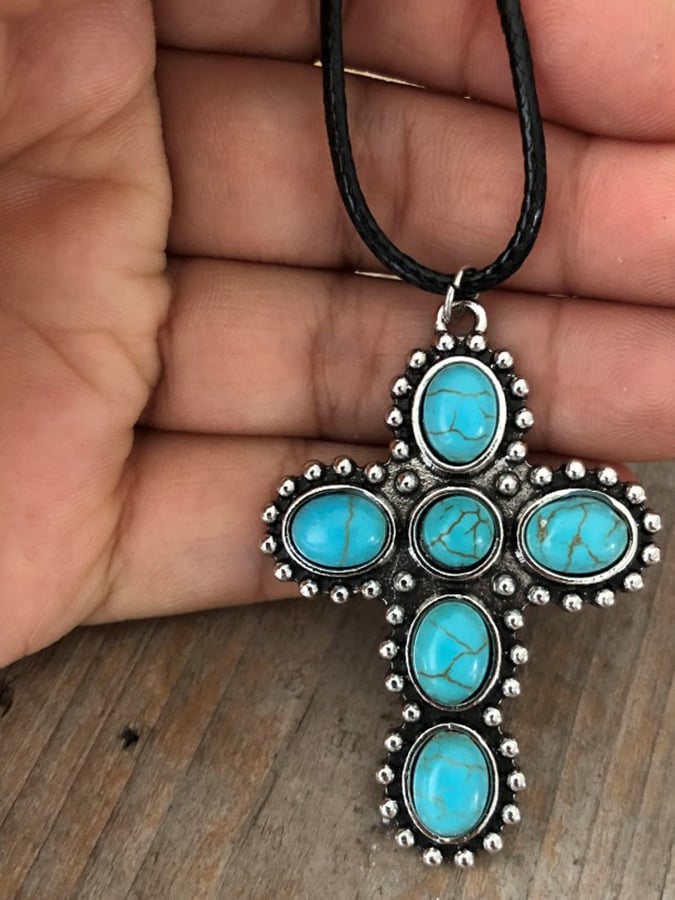 European And American Vintage Turquoise Cross Necklace