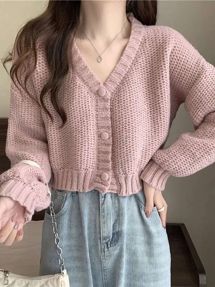 Button-Up V-Neck Knit Cardigan