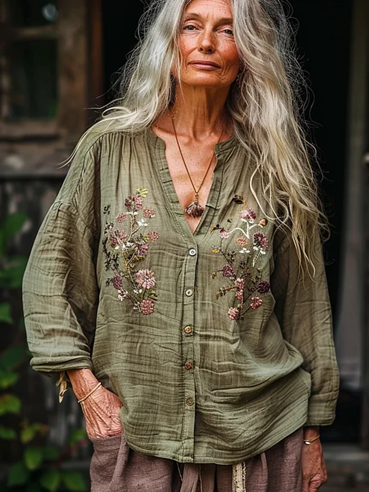 Bohemian Style Linen Floral Art Print Long Sleeve Loose  Shirt
