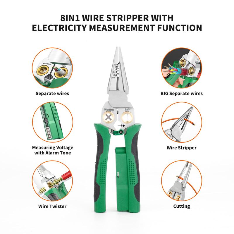 8 in 1 Wire Stripper Twister for Cutting and Pulling Wires, Cable Scissors,Voltage Tester Pliers, 12V to 250V Live,Null,Hot Wire Judgment AC DC, Audible and Flashing LED Alarms