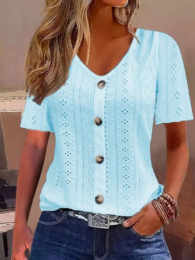 Women's Textured Fabric V-Neck Button Design Casual Shirt