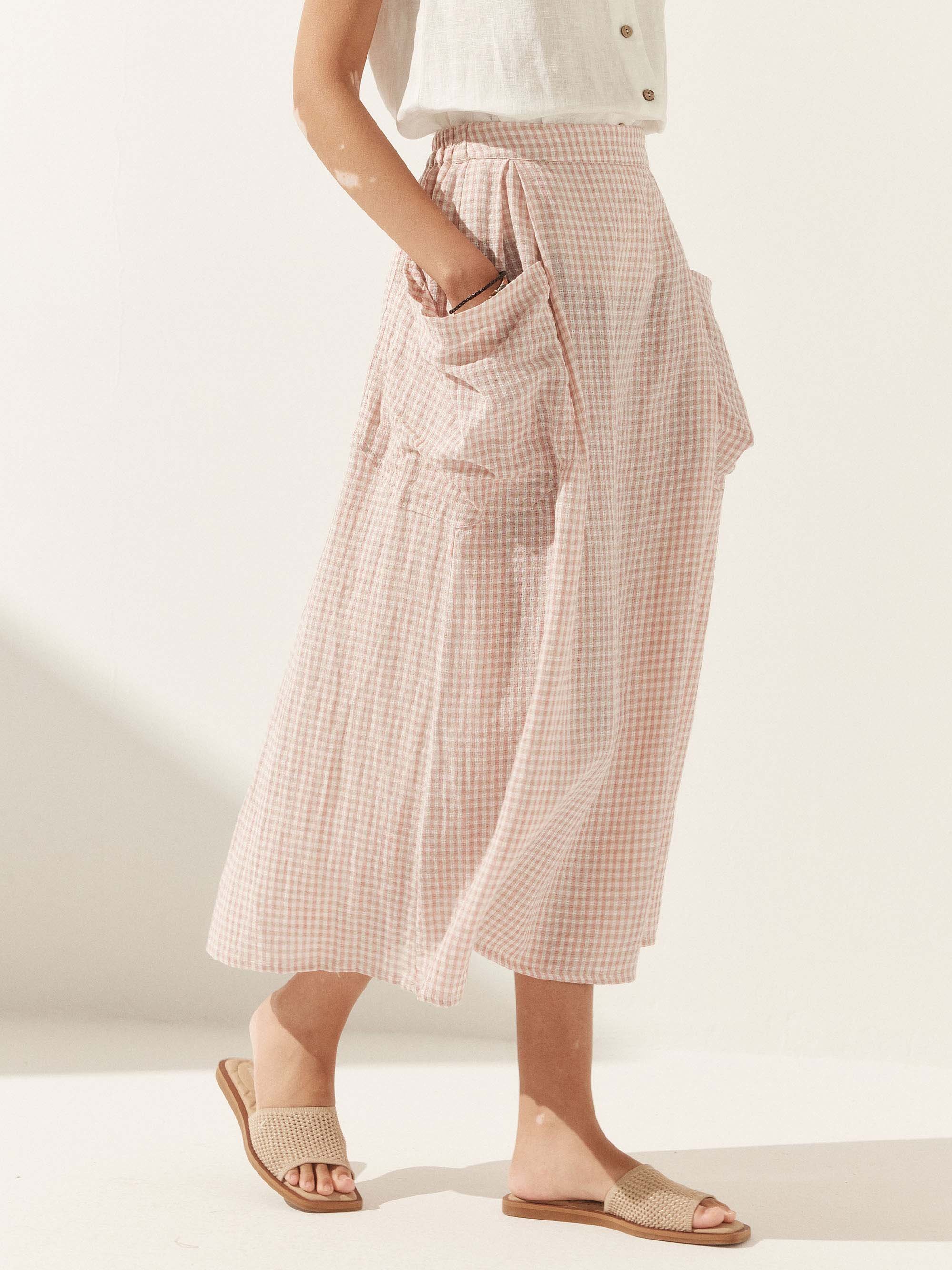 Women'S Linen Check Elastic Waist Skirt