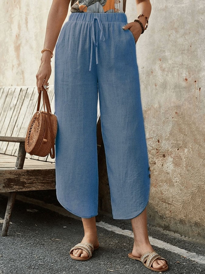 Casual Elegant Cotton And Linen Lace-Up With Pockets Irregular Cropped Pants