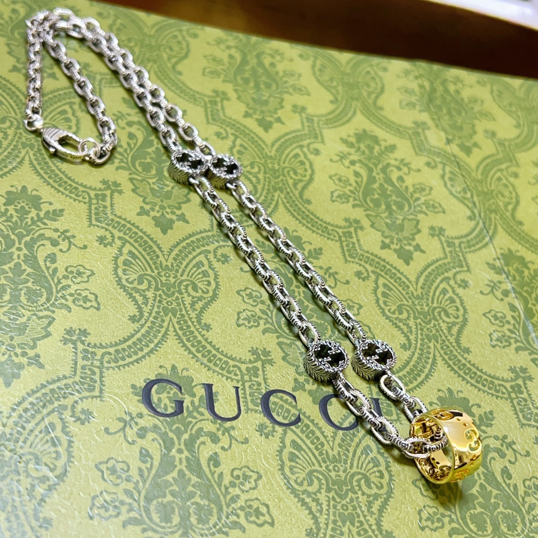 Gucci Anger Forest Series GG Gold Hollow Ring Vintage Chain Necklace