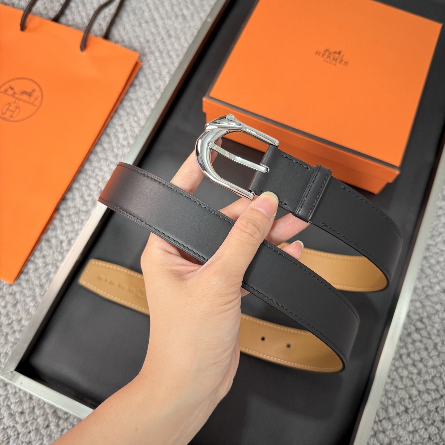 Hermès BoxTogo calfskin double-sided belt 3.2CM wide