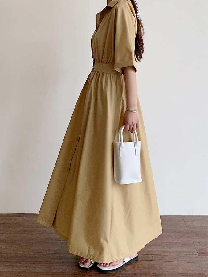 Women's Solid Color Single-Breasted Mid-Length Loose Cotton And Linen Casual Dress