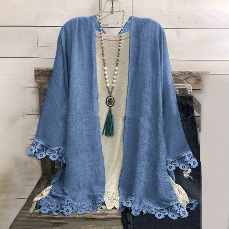 Casual Long Sleeve Stitching Lace Solid Color Kimono