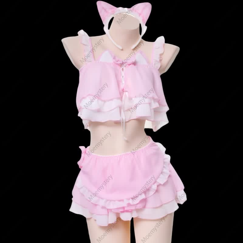 Ruffle Chiffon Cat Ears Tank Top Lingerie Set