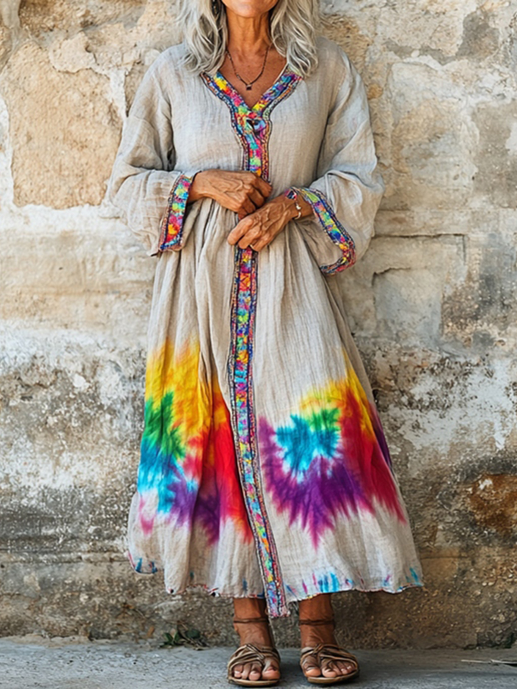 Women's Tie Dye Art Print V-neck Loose Midi Dress